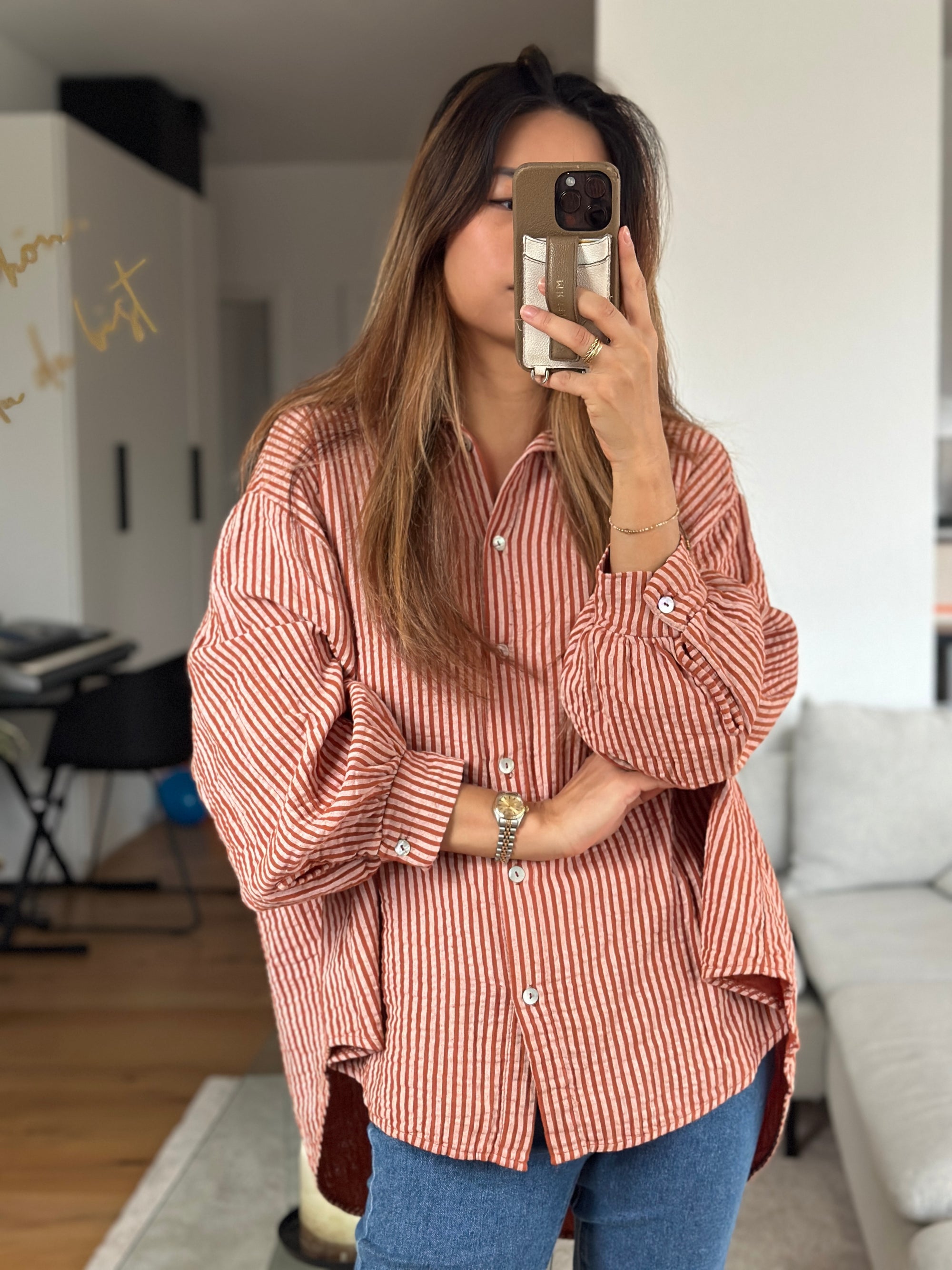 Musselin Bluse Stripes Rostrot