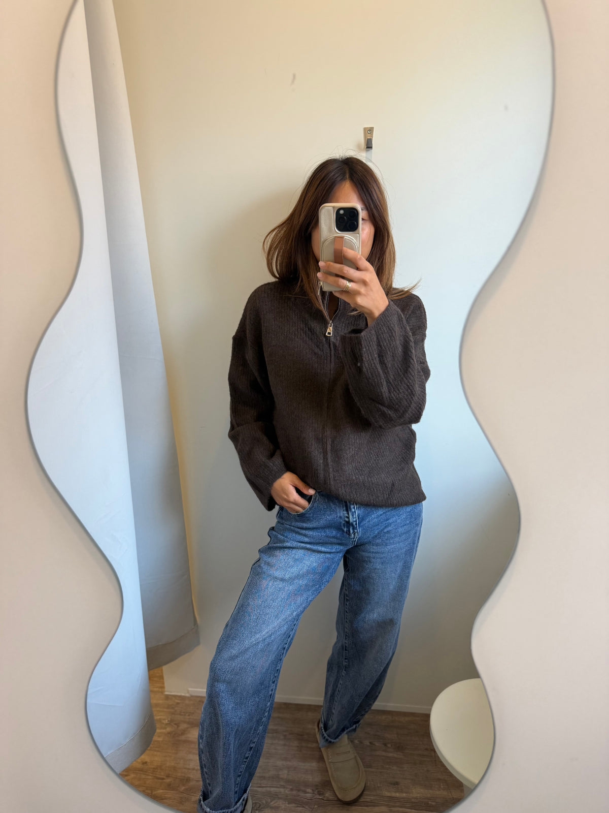 Ripped-Zip Cardigan dunkelbraun