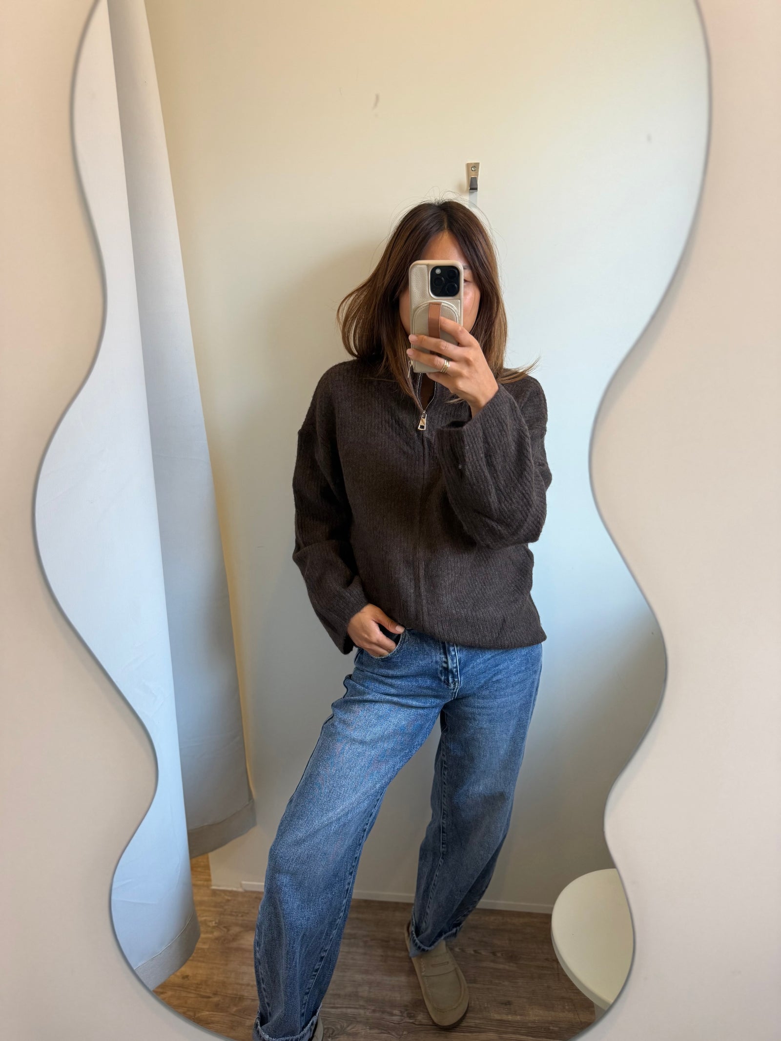 Ripped-Zip Cardigan dunkelbraun