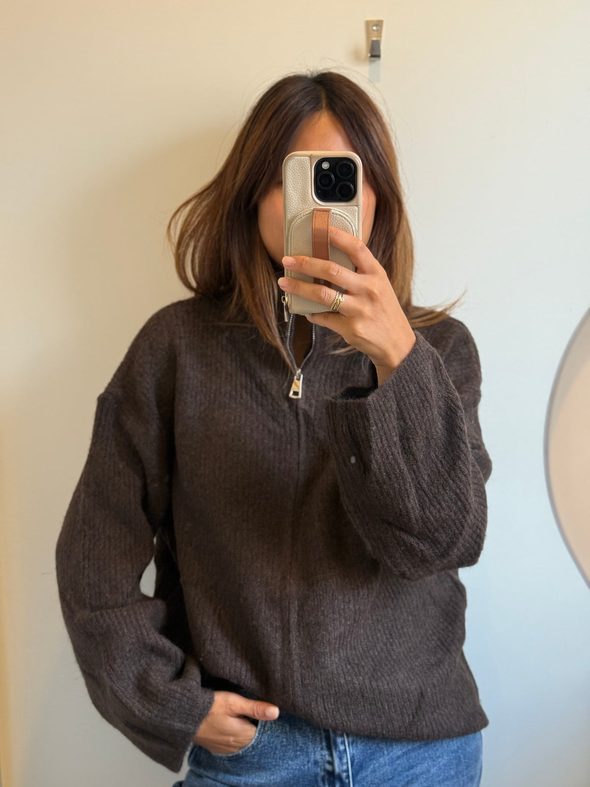 Ripped-Zip Cardigan dunkelbraun
