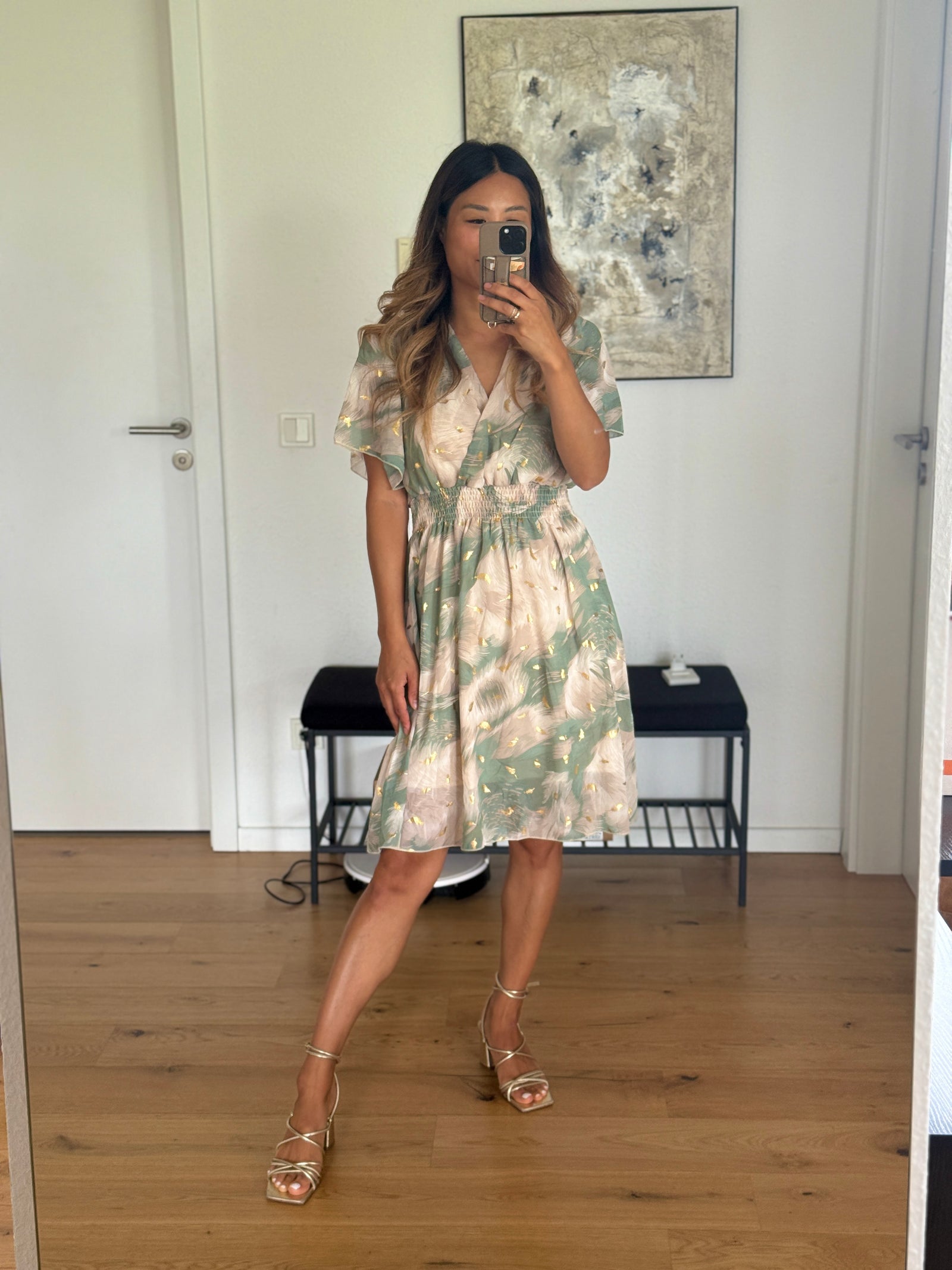 Flower Kleid mint/beige kurz