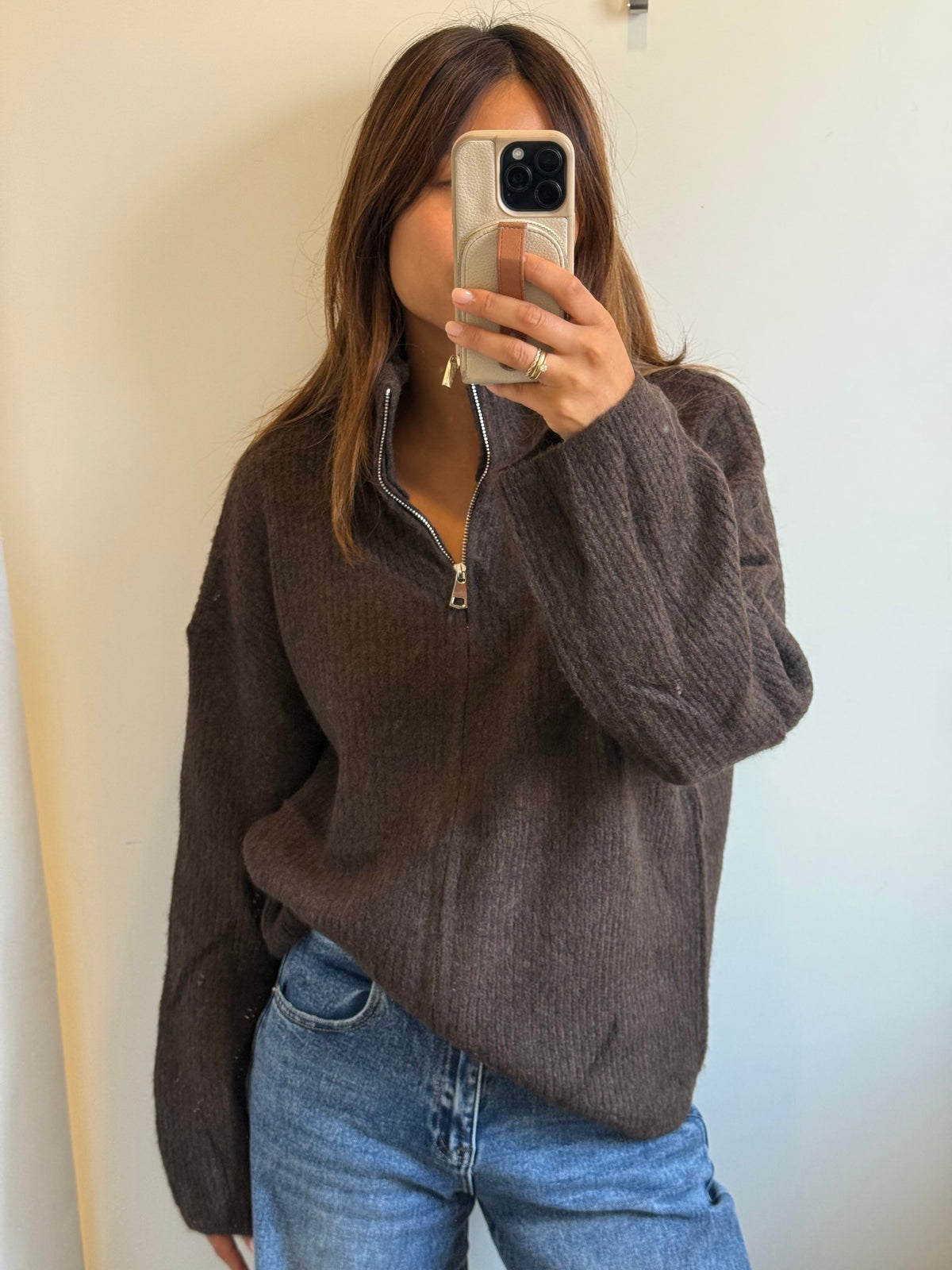 Ripped-Zip Cardigan dunkelbraun