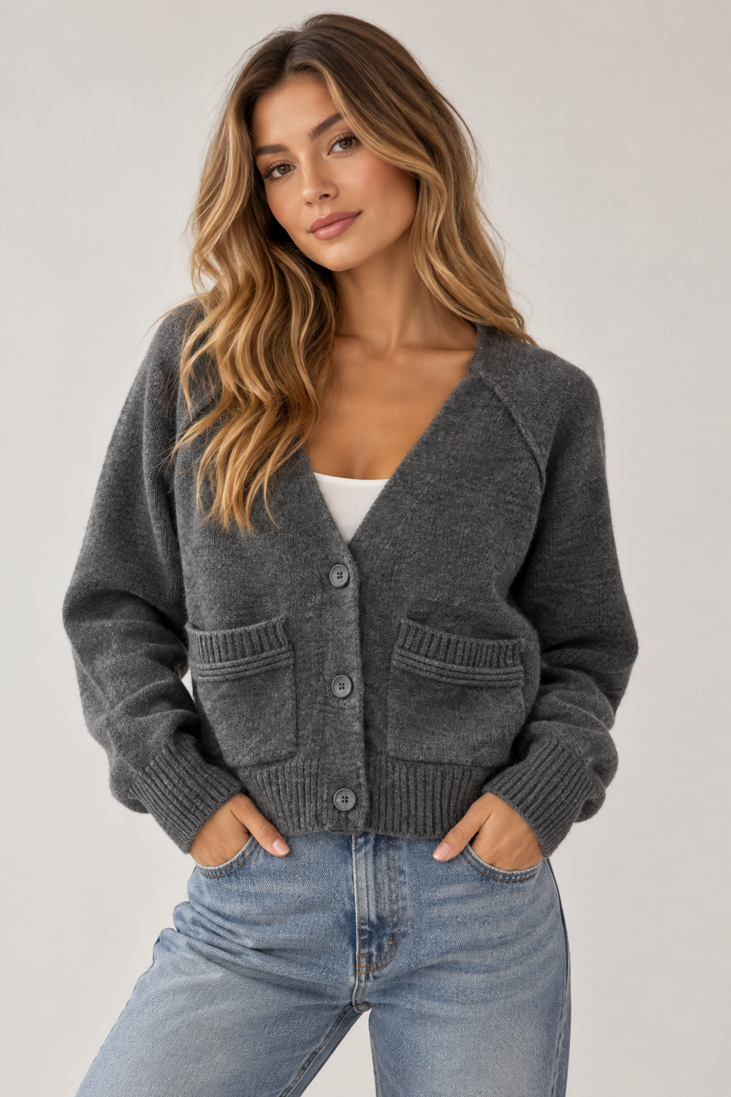 Short V-Cardigan Dunkelgrau