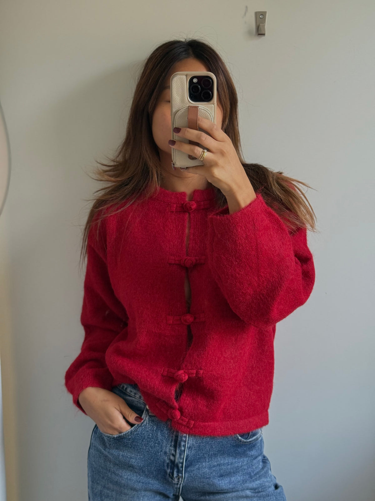knitted Button Cardigan red