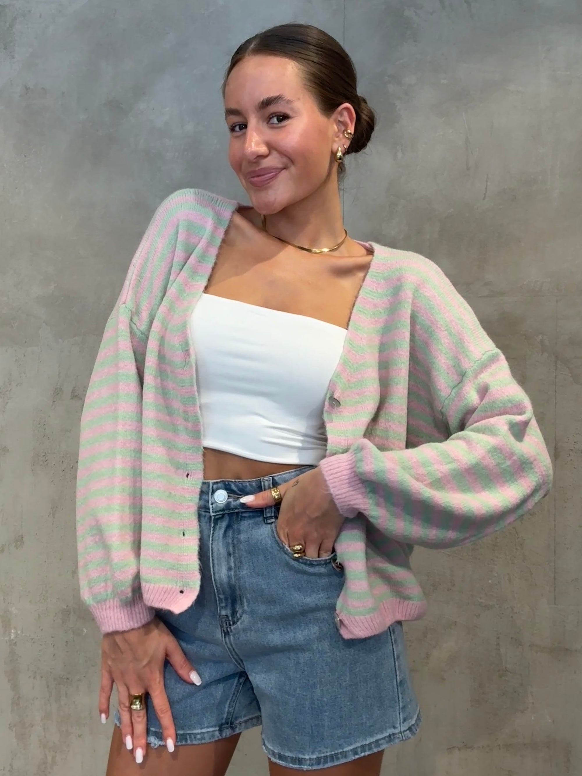Stripe Cardigan Matchagreen/rosa