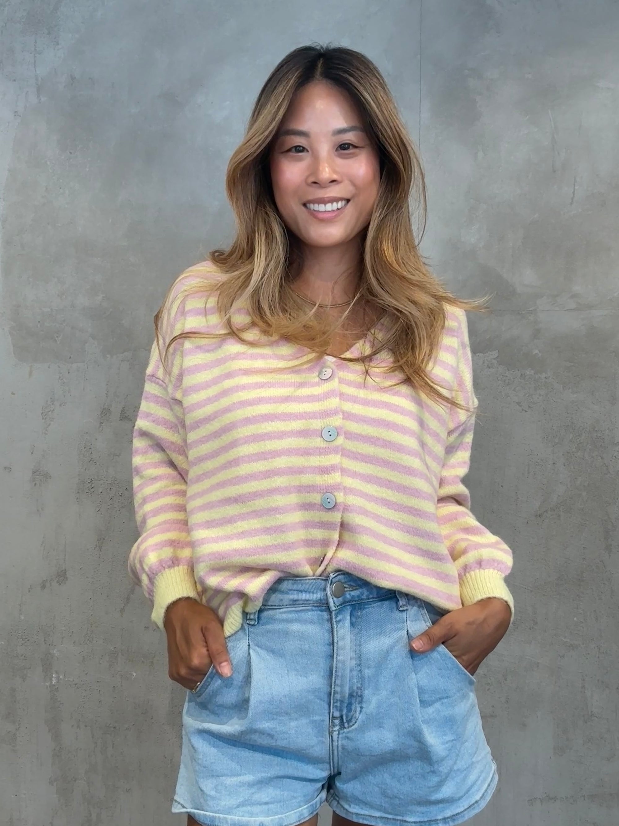 Stripe Cardigan Lemon/rosa
