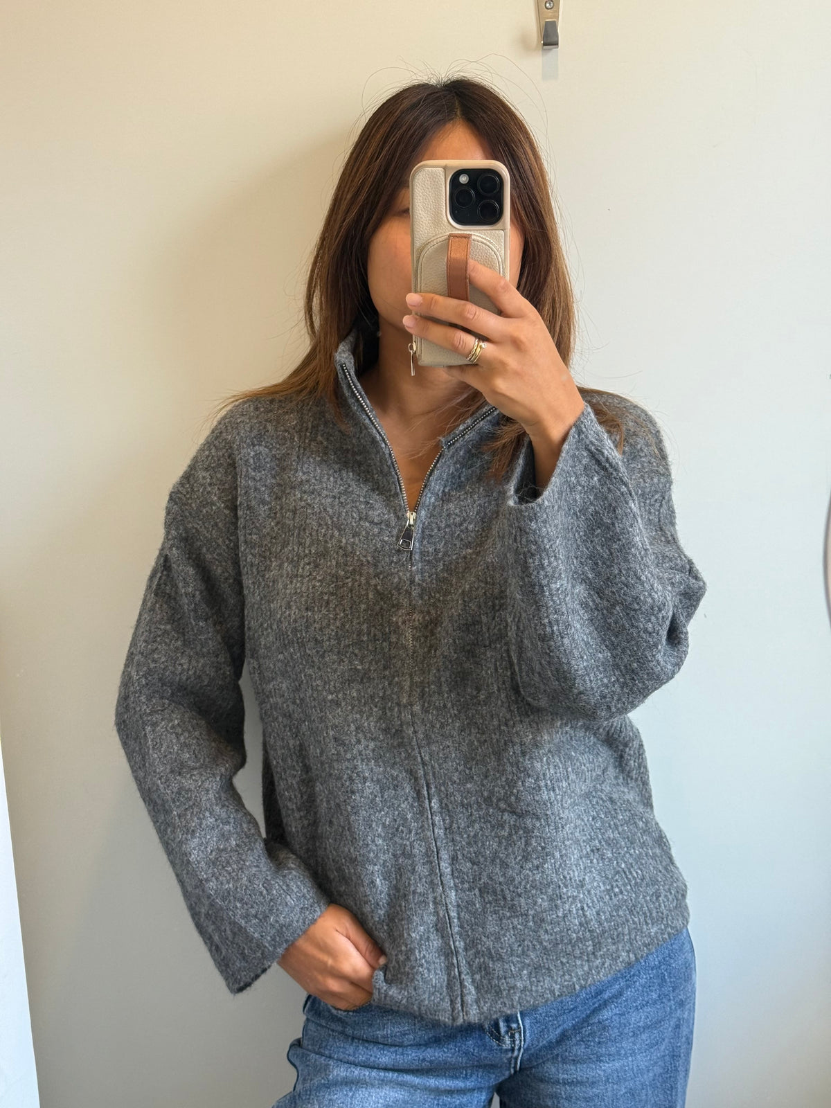 Ripped-Zip Cardigan dunkelgrau