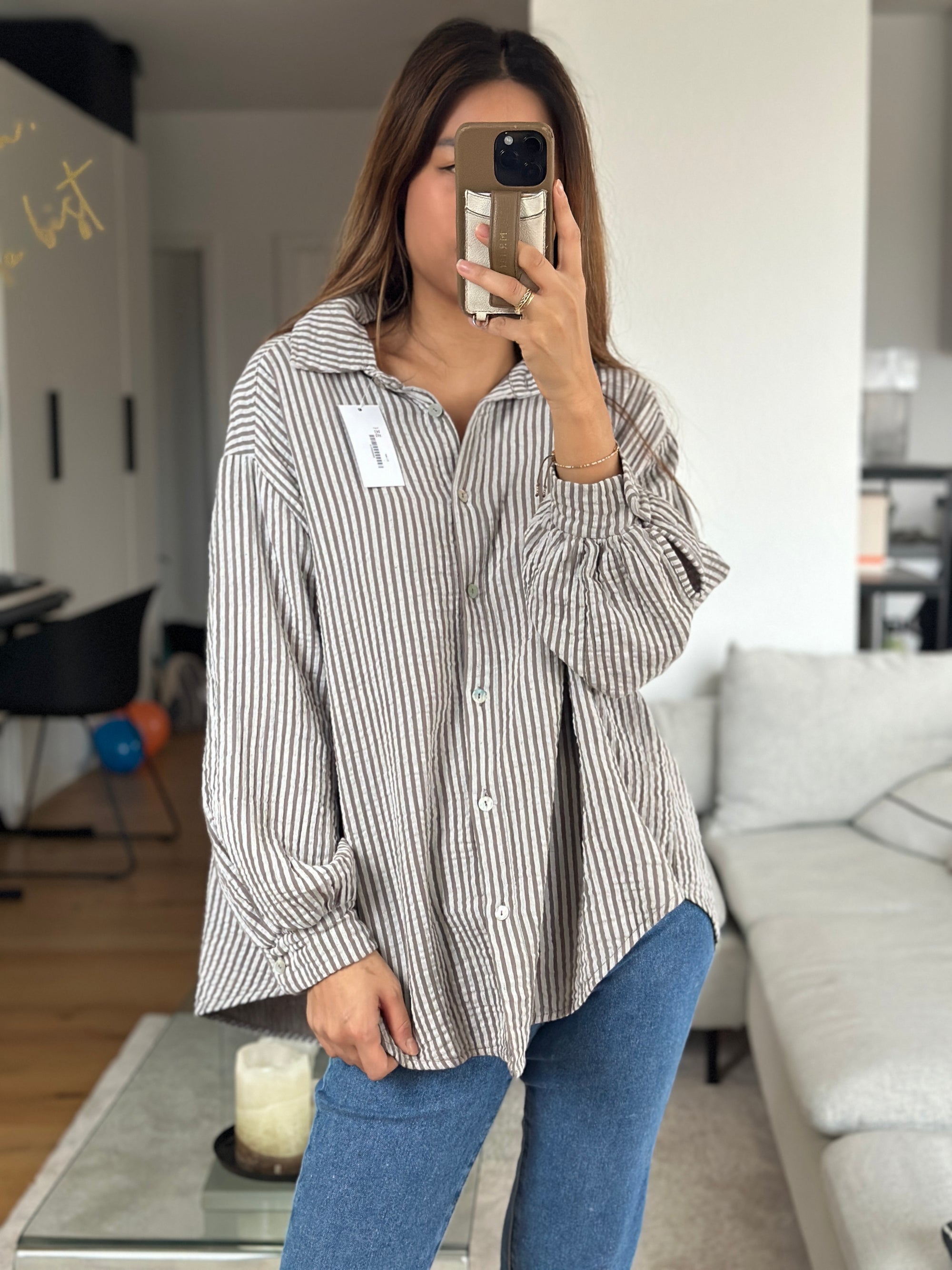 Musselin Bluse Stripes taupe