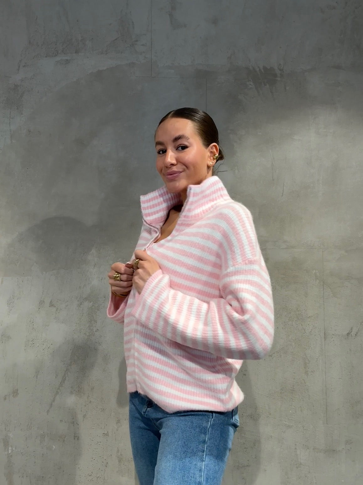 Zip Cardigan Puderrosa/weiß