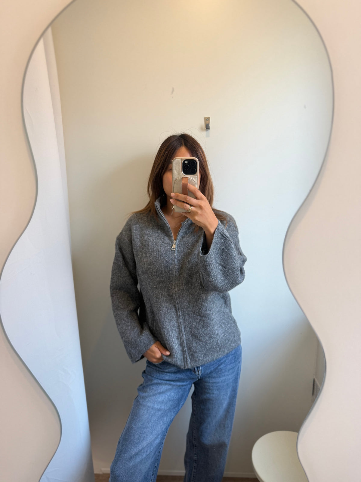 Ripped-Zip Cardigan dunkelgrau