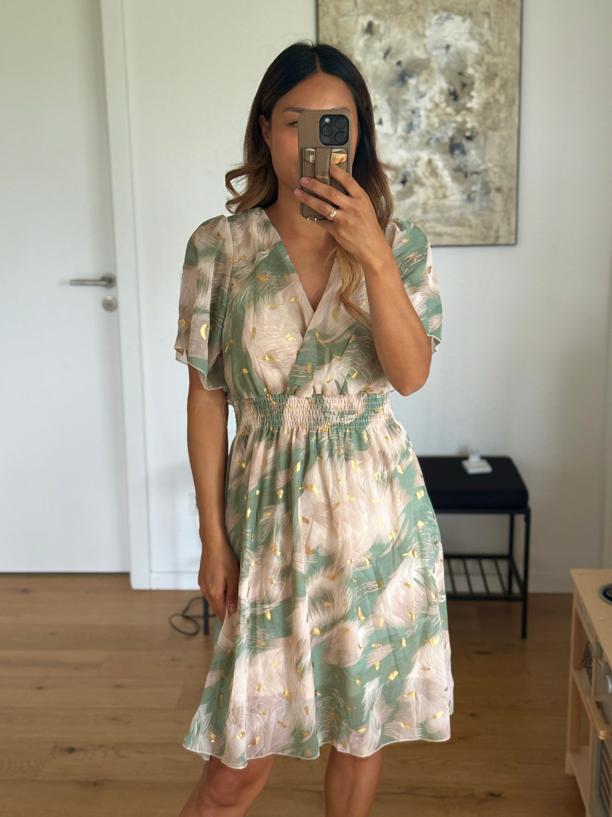 Flower Kleid mint/beige kurz