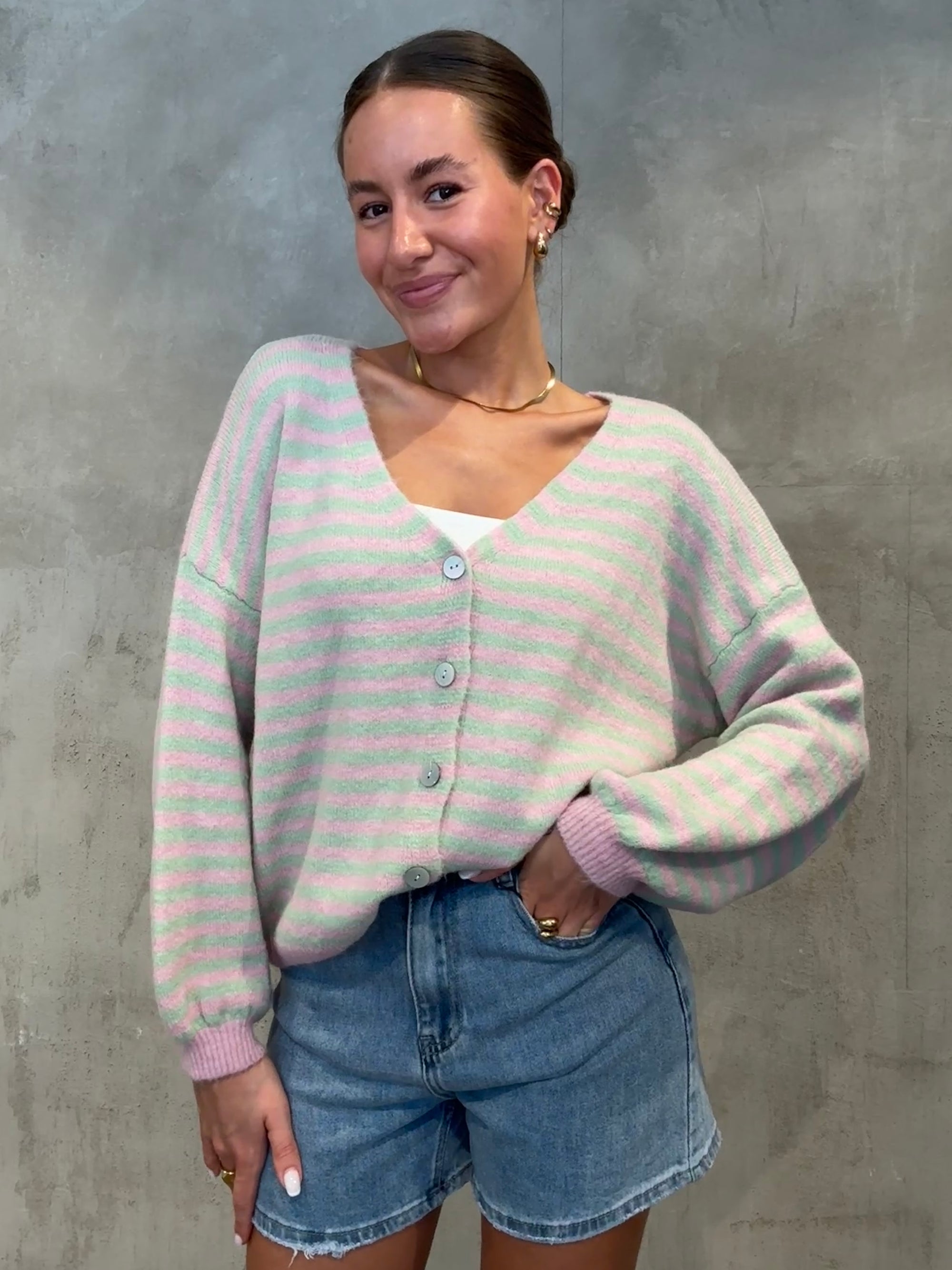 Stripe Cardigan Matchagreen/rosa