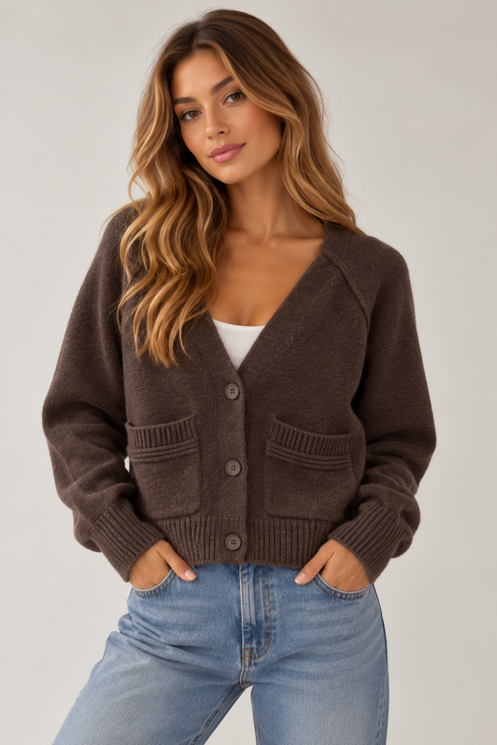 Short V-Cardigan Dunkelbraun