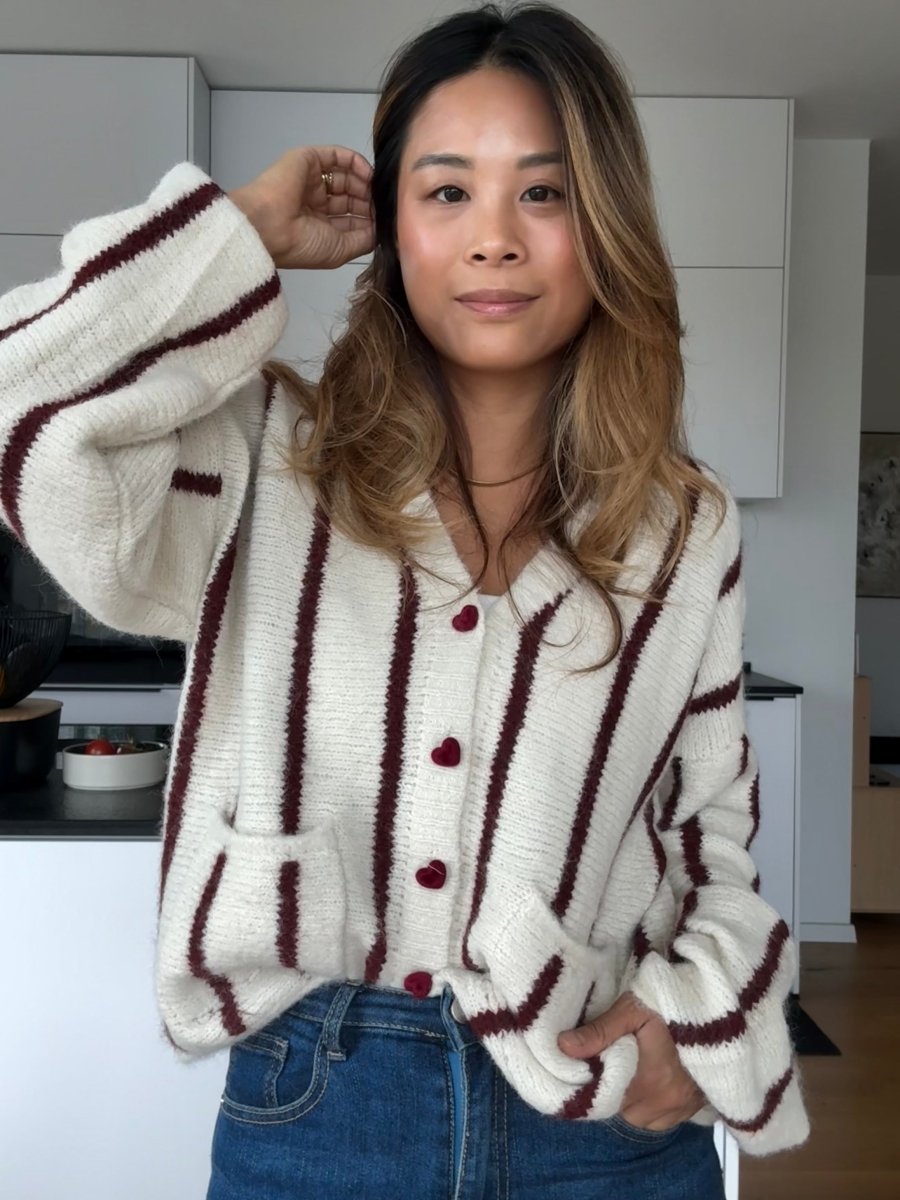 Stripe Herz Strickjacke Bordeaux/Cream - I - Wear Mode GmbH