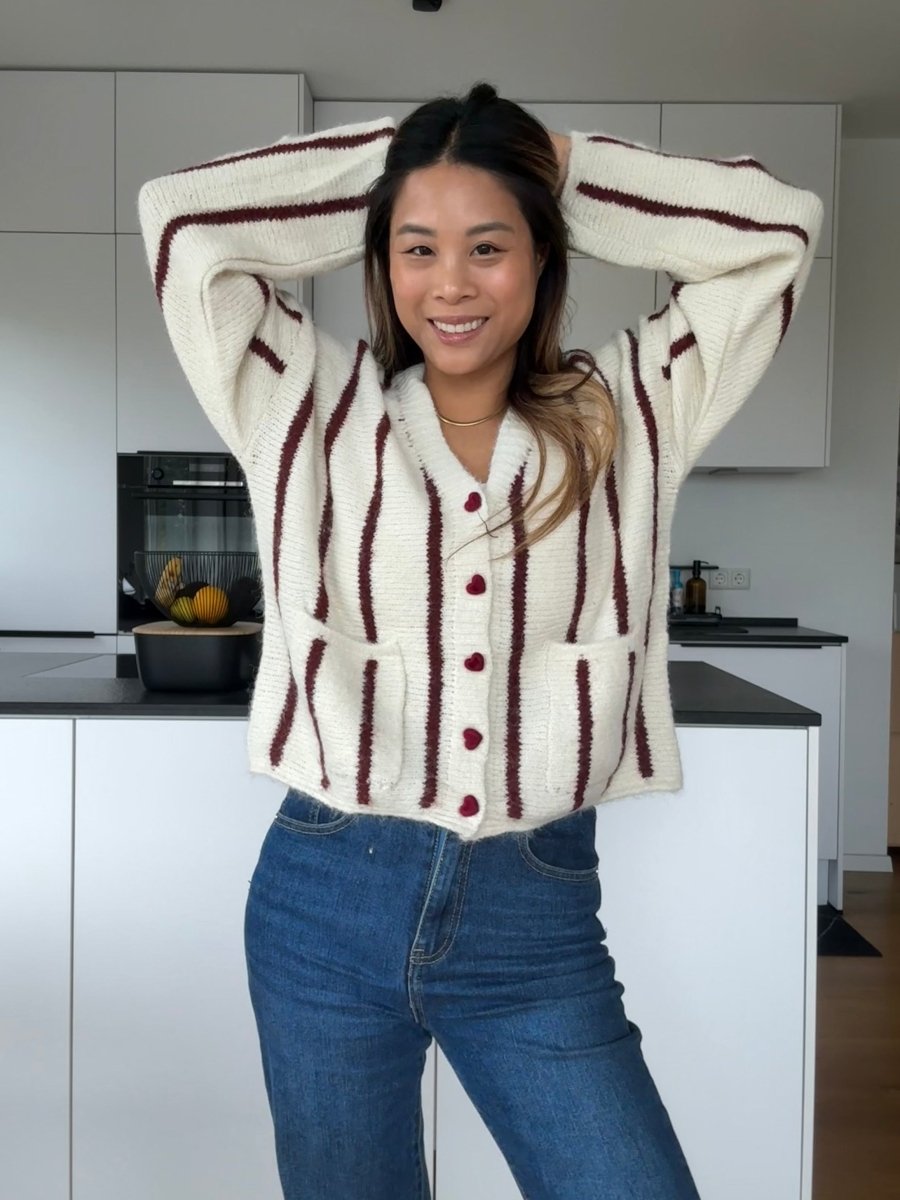 Stripe Herz Strickjacke Bordeaux/Cream - I - Wear Mode GmbH